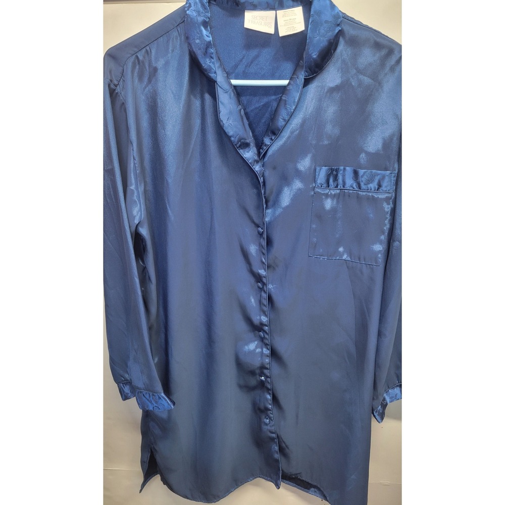Secret Treasures Blue Satin Button Up‎ Sleep Shirt Nightgown Floral Trim S